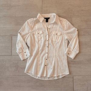 White House Black Market Blouse Long Sleeve Striped Button Down 4 Tunic Pockets